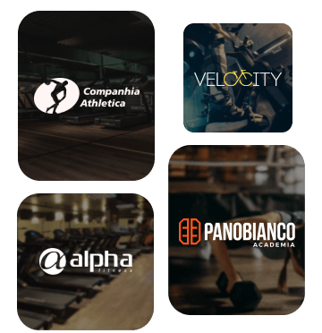 Logos de alguns dos nossos maiores parceiros: Companhia Athletica, MyBox, Aplha Fitness, Panobianco, Velocity, Calm