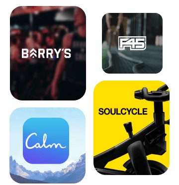 Logos of some of our biggest partners: F45, Barry's, Calm, Soulcycle, Crunch Fitness